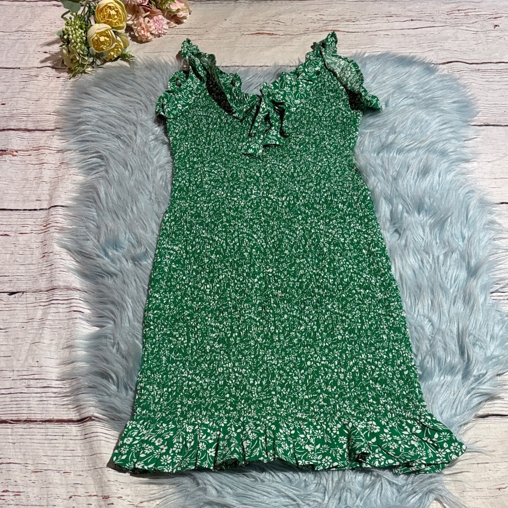 Japna Smocked Ruffle Trim Green White Floral Dress sz M